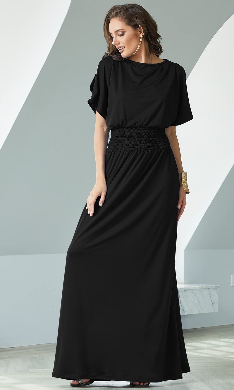 KOH KOH Plus Size Womens Long Flowy Short Sexy Slit Sleeve Casual Summer Modest Full Floor Length Boat Neck Soft Tall Mother Bride Groom Maxi Dress Dresses Gown Gowns, Black 3XL 22-24 - Image 2